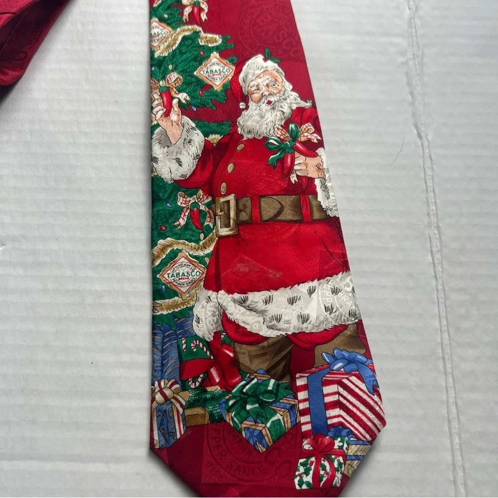 Tabasco Themed Christmas Silk Neck Tie Novelty Vintage Made in USA Holiday Party